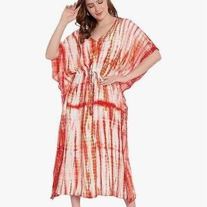 Kaftan Maxi Dress Womens One Size Orange Tie-Dye V-Neck Beach Cover-Up